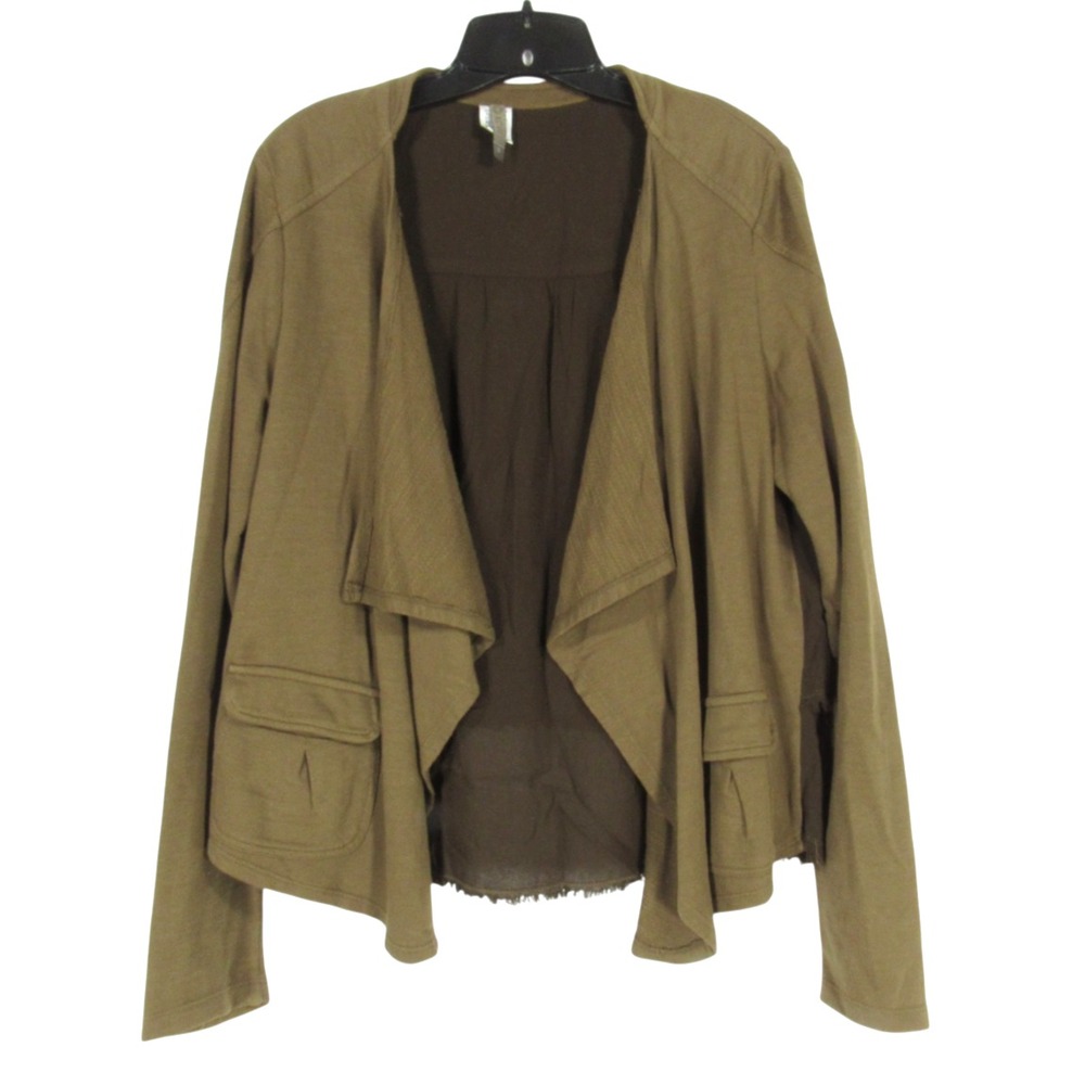 XCVI Green/Brown OPEN FRONT Frayed Trim FLAP POCKETS Lagenlook DRAPE CARDIGAN S